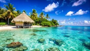 Couple enjoying a romantic Maldives honeymoon in a luxury overwater villa with turquoise ocean view